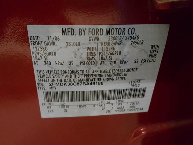 2FMDK38C87BA46188 - 2007 FORD EDGE SEL BURGUNDY photo 10