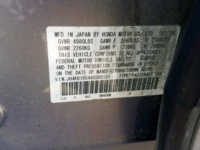 JH4KB16546C005185 - 2006 ACURA RL GRAY photo 10