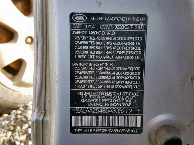 SALAA25485A303272 - 2005 LAND ROVER LR3 SILVER photo 10