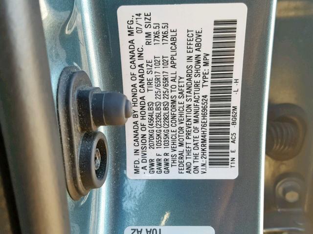 2HKRM4H76EH696524 - 2014 HONDA CR-V EXL BLUE photo 10