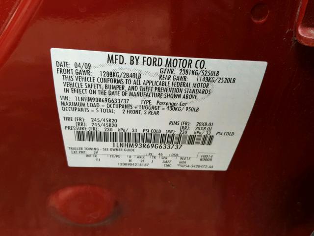 1LNHM93R69G633737 - 2009 LINCOLN MKS MAROON photo 10