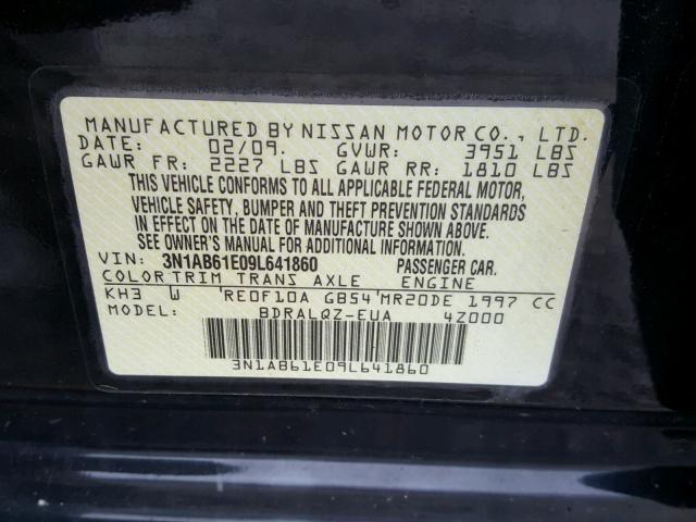 3N1AB61E09L641860 - 2009 NISSAN SENTRA 2.0 BLACK photo 10