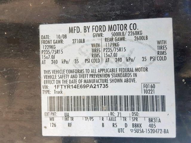 1FTYR14E69PA21735 - 2009 FORD RANGER SUP BLACK photo 10