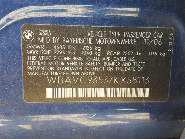 WBAVC93537KX58113 - 2007 BMW 328 XI BLUE photo 10