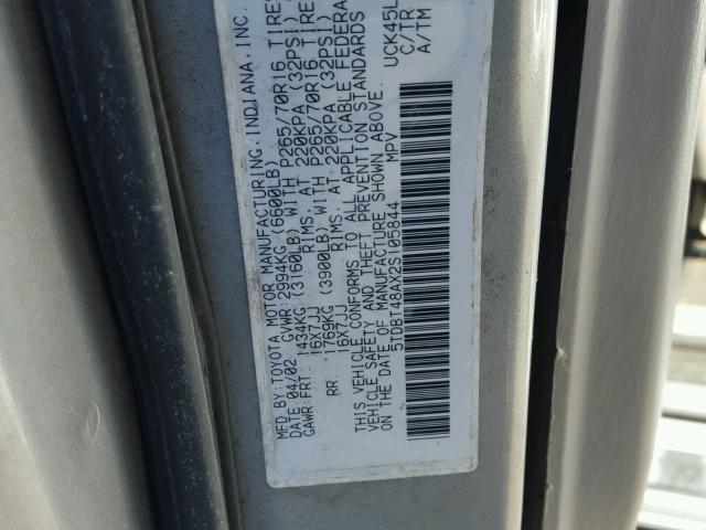 5TDBT48AX2S105844 - 2002 TOYOTA SEQUOIA LI SILVER photo 10