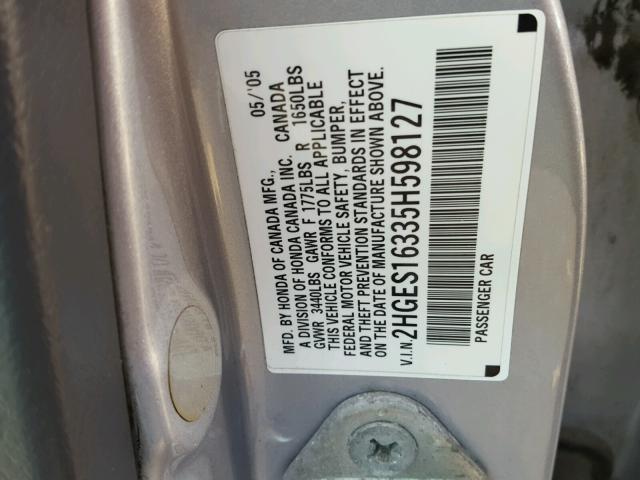 2HGES16335H598127 - 2005 HONDA CIVIC DX V SILVER photo 10