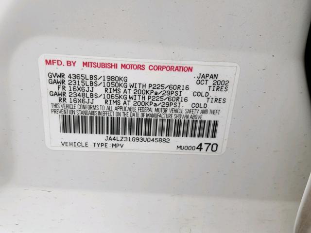 JA4LZ31G93U045882 - 2003 MITSUBISHI OUTLANDER WHITE photo 10