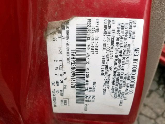 1FAHP33N09W161701 - 2009 FORD FOCUS SES RED photo 10