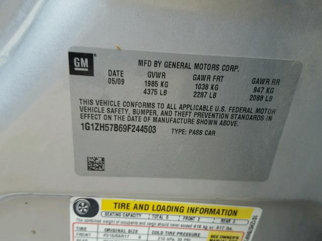 1G1ZH57B69F244503 - 2009 CHEVROLET MALIBU 1LT SILVER photo 10