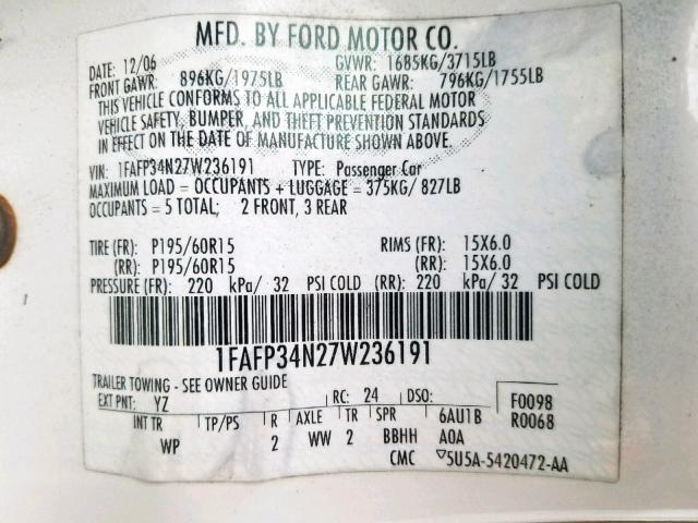 1FAFP34N27W236191 - 2007 FORD FOCUS ZX4 WHITE photo 10