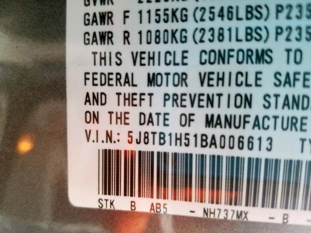 5J8TB1H51BA006613 - 2011 ACURA RDX TECHNO GRAY photo 10