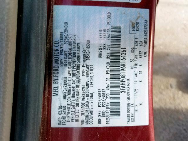 3FAHP08196R164261 - 2006 FORD FUSION SEL RED photo 10