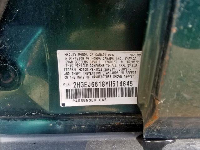 2HGEJ6618YH514645 - 2000 HONDA CIVIC BASE 绿色 照片 10