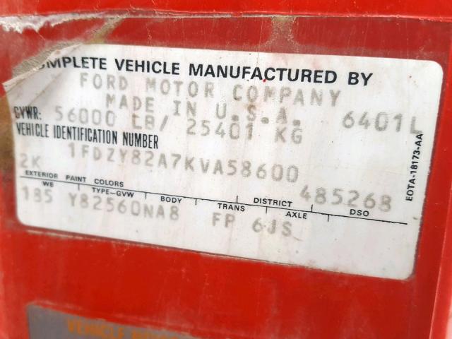 1FDZY82A7KVA58600 - 1989 FORD L-SERIES L RED photo 10