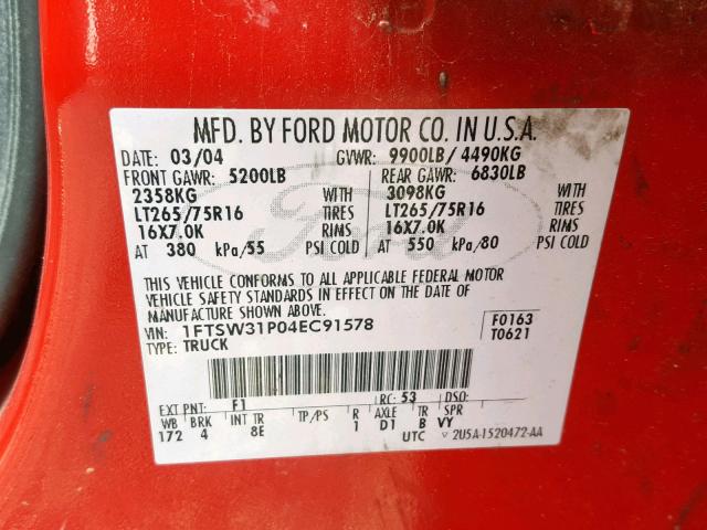 1FTSW31P04EC91578 - 2004 FORD F350 SRW S RED photo 10
