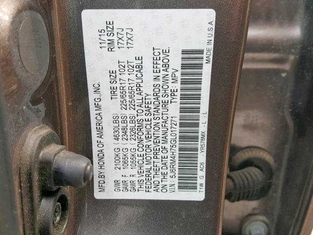 5J6RM4H75GL017271 - 2016 HONDA CR-V EXL TAN photo 10