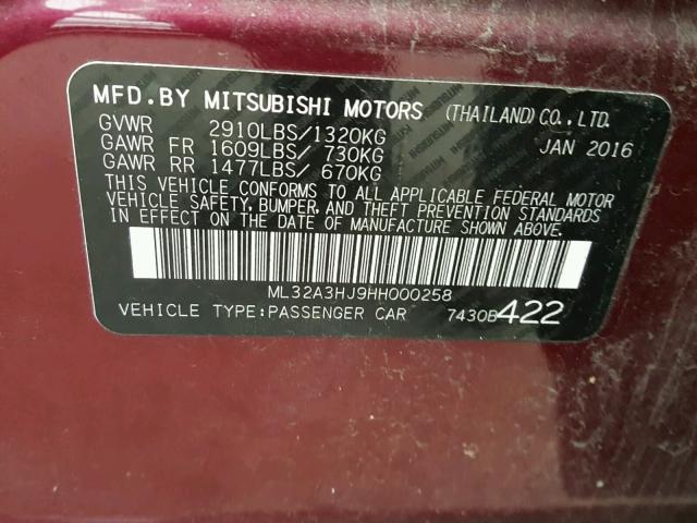 ML32A3HJ9HH000258 - 2017 MITSUBISHI MIRAGE ES MAROON photo 10