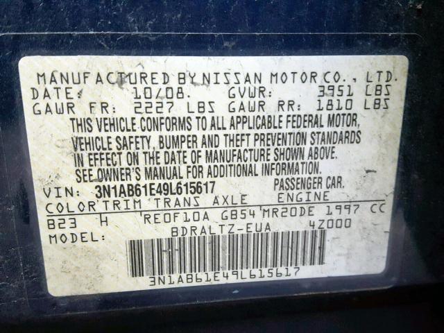 3N1AB61E49L615617 - 2009 NISSAN SENTRA 2.0 BLUE photo 10