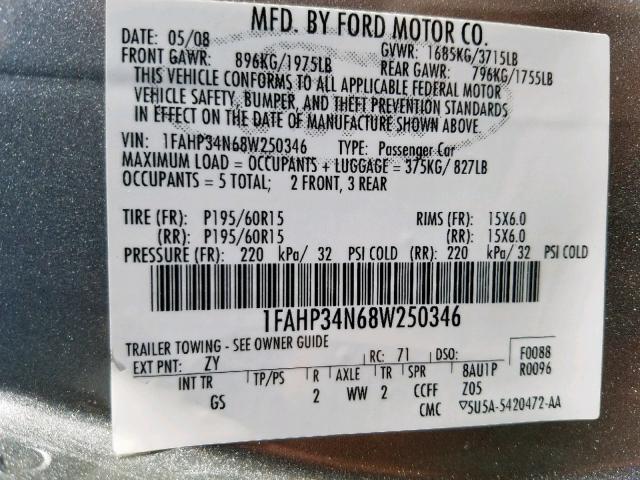 1FAHP34N68W250346 - 2008 FORD FOCUS S/SE GRAY photo 10