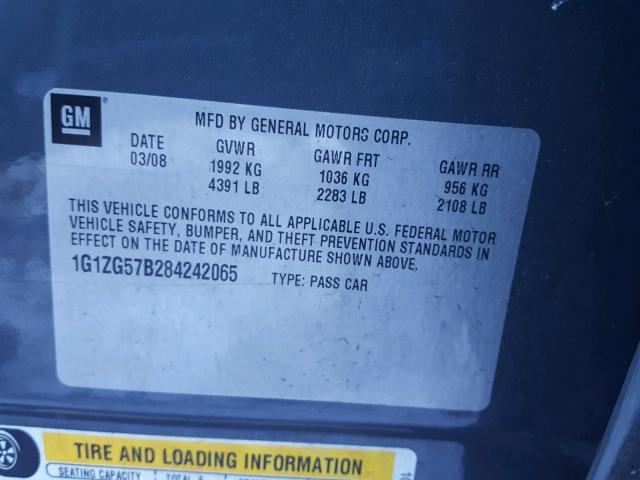 1G1ZG57B284242065 - 2008 CHEVROLET MALIBU LS Gris foto 10