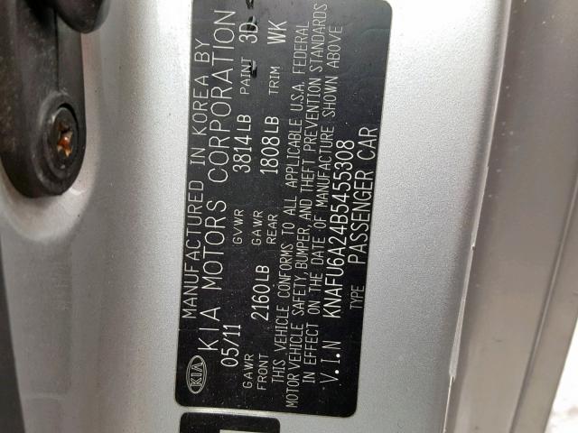 KNAFU6A24B5455308 - 2011 KIA FORTE EX SILVER photo 10