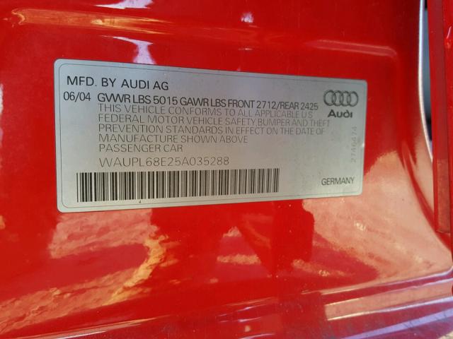WAUPL68E25A035288 - 2005 AUDI S4 RED photo 10