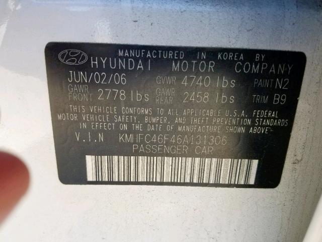 KMHFC46F46A131306 - 2006 HYUNDAI AZERA SE WHITE photo 10