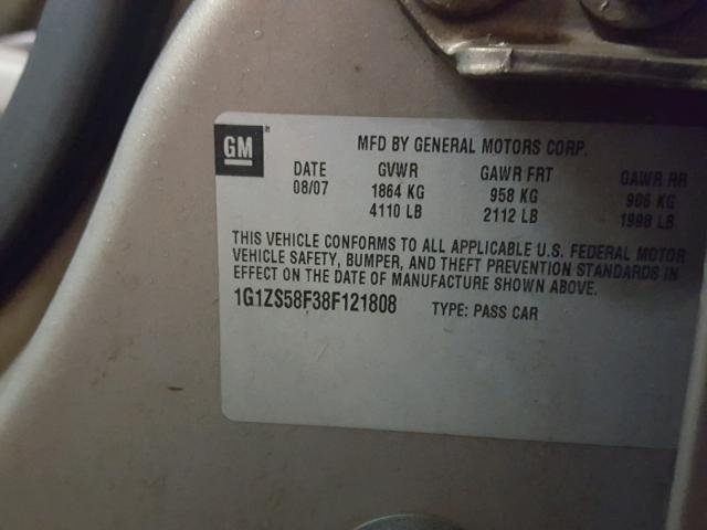 1G1ZS58F38F121808 - 2008 CHEVROLET MALIBU LS 棕色 照片 10