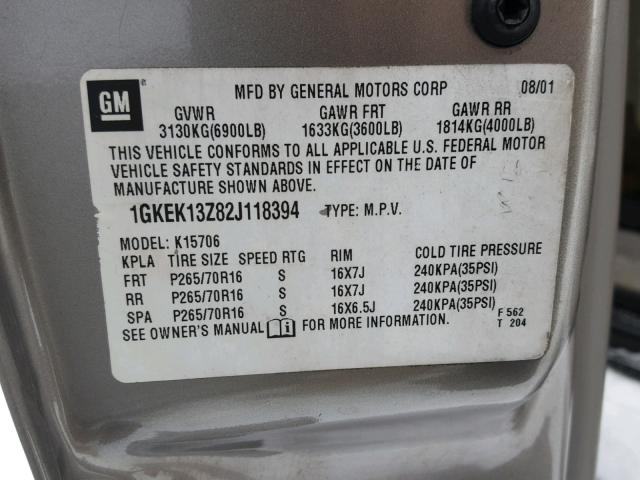 1GKEK13Z82J118394 - 2002 GMC YUKON TAN photo 10