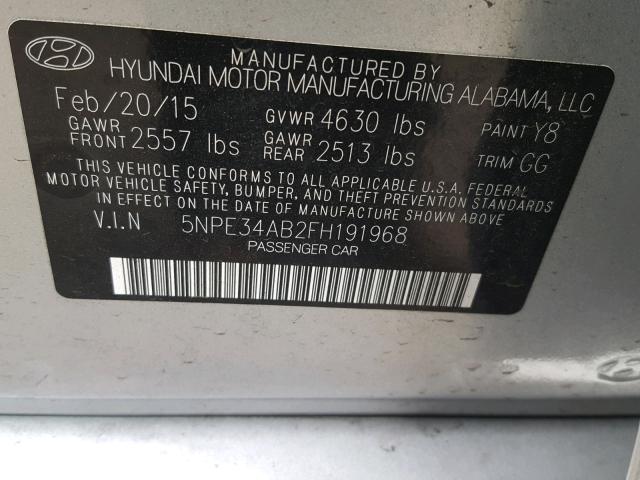 5NPE34AB2FH191968 - 2015 HYUNDAI SONATA SPO SILVER photo 10