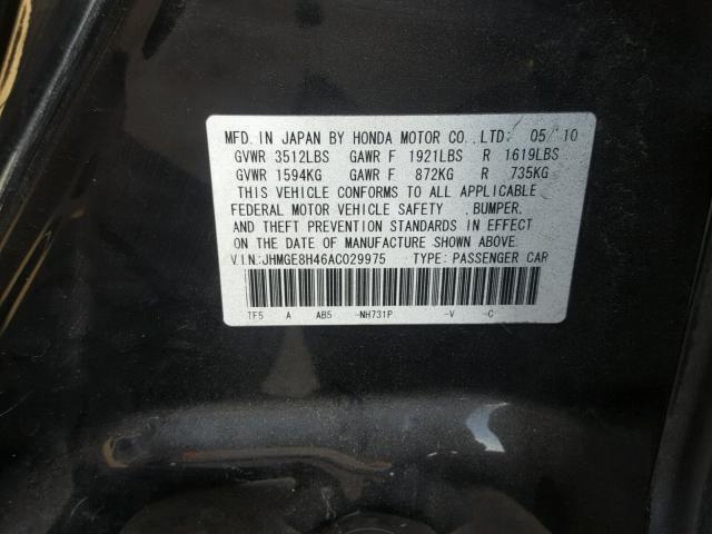 JHMGE8H46AC029975 - 2010 HONDA FIT SPORT BLACK photo 10