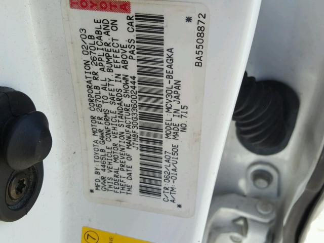 JTHBF30G336002444 - 2003 LEXUS ES 300 WHITE photo 10