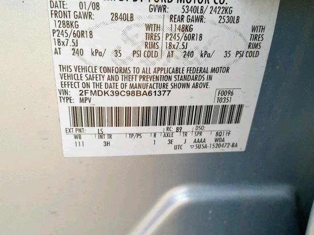 2FMDK39C98BA61377 - 2008 FORD EDGE LIMIT BLUE photo 10