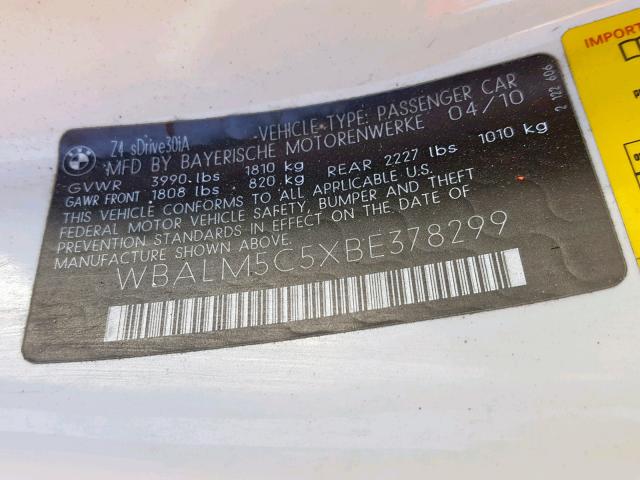 WBALM5C5XBE378299 - 2011 BMW Z4 SDRIVE3 WHITE photo 10