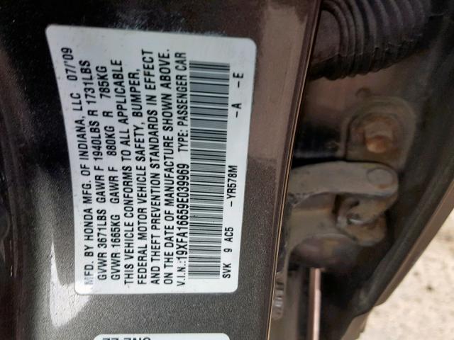 19XFA16659E039969 - 2009 HONDA CIVIC LX-S Boz foto 10