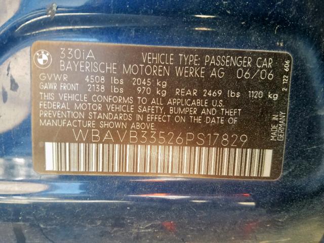 WBAVB33526PS17829 - 2006 BMW 330 I BLUE photo 10