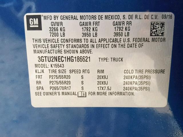 3GTU2NEC1HG186621 - 2017 GMC SIERRA K15 BLUE photo 10