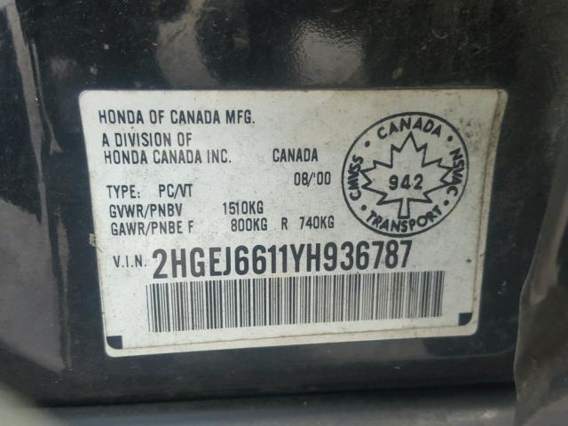 2HGEJ6611YH936787 - 2000 HONDA CIVIC BASE BLACK photo 10