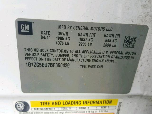 1G1ZC5EU7BF360429 - 2011 CHEVROLET MALIBU 1LT 白色 照片 10