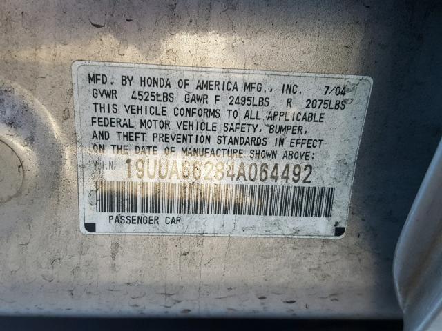 19UUA66284A064492 - 2004 ACURA TL SILVER photo 10