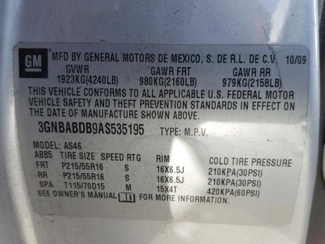 3GNBABDB9AS535195 - 2010 CHEVROLET HHR LT SILVER photo 10