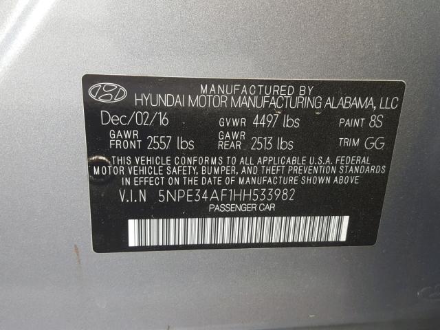 5NPE34AF1HH533982 - 2017 HYUNDAI SONATA SPO GRAY photo 10