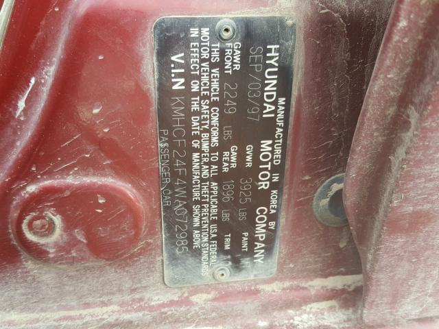 KMHCF24F4WA072985 - 1998 HYUNDAI SONATA BAS MAROON photo 10