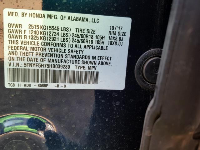 5FNYF5H75HB039289 - 2017 HONDA PILOT EXLN BLUE photo 10