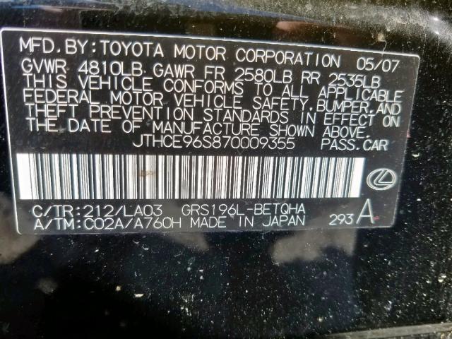 JTHCE96S870009355 - 2007 LEXUS GS 350 BLACK photo 10