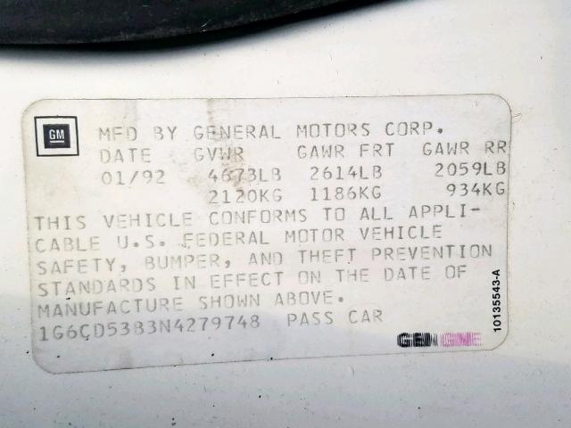 1G6CD53B3N4279748 - 1992 CADILLAC DEVILLE WHITE photo 10