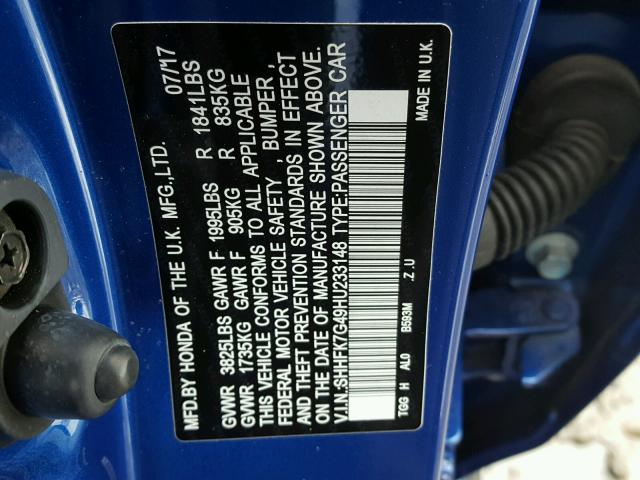 SHHFK7G49HU233148 - 2017 HONDA CIVIC SPOR BLUE photo 10