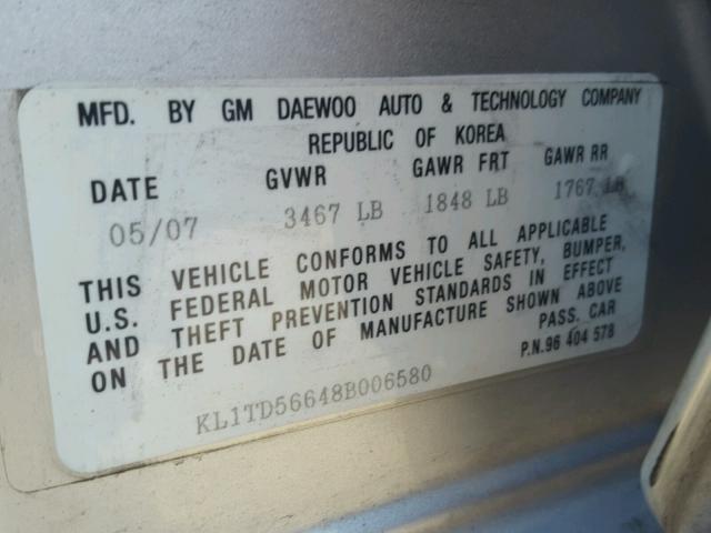 KL1TD56648B006580 - 2008 CHEVROLET AVEO BASE Күміс фото 10