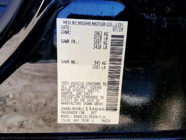 1N4BL4EV8LC134646 - 2020 NISSAN ALTIMA SL BLACK photo 10