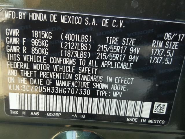 3CZRU5H33HG707330 - 2017 HONDA HR-V LX GREEN photo 10